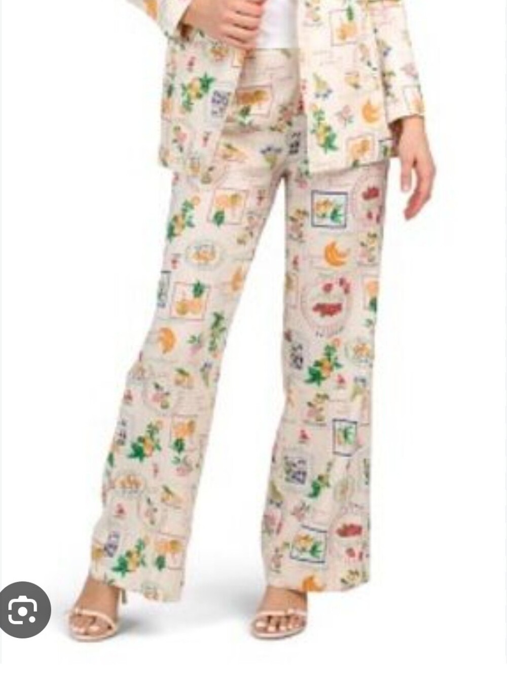 Rachel Zoe Cream Wide-Leg Printed Pants with Multi-Color Motifs